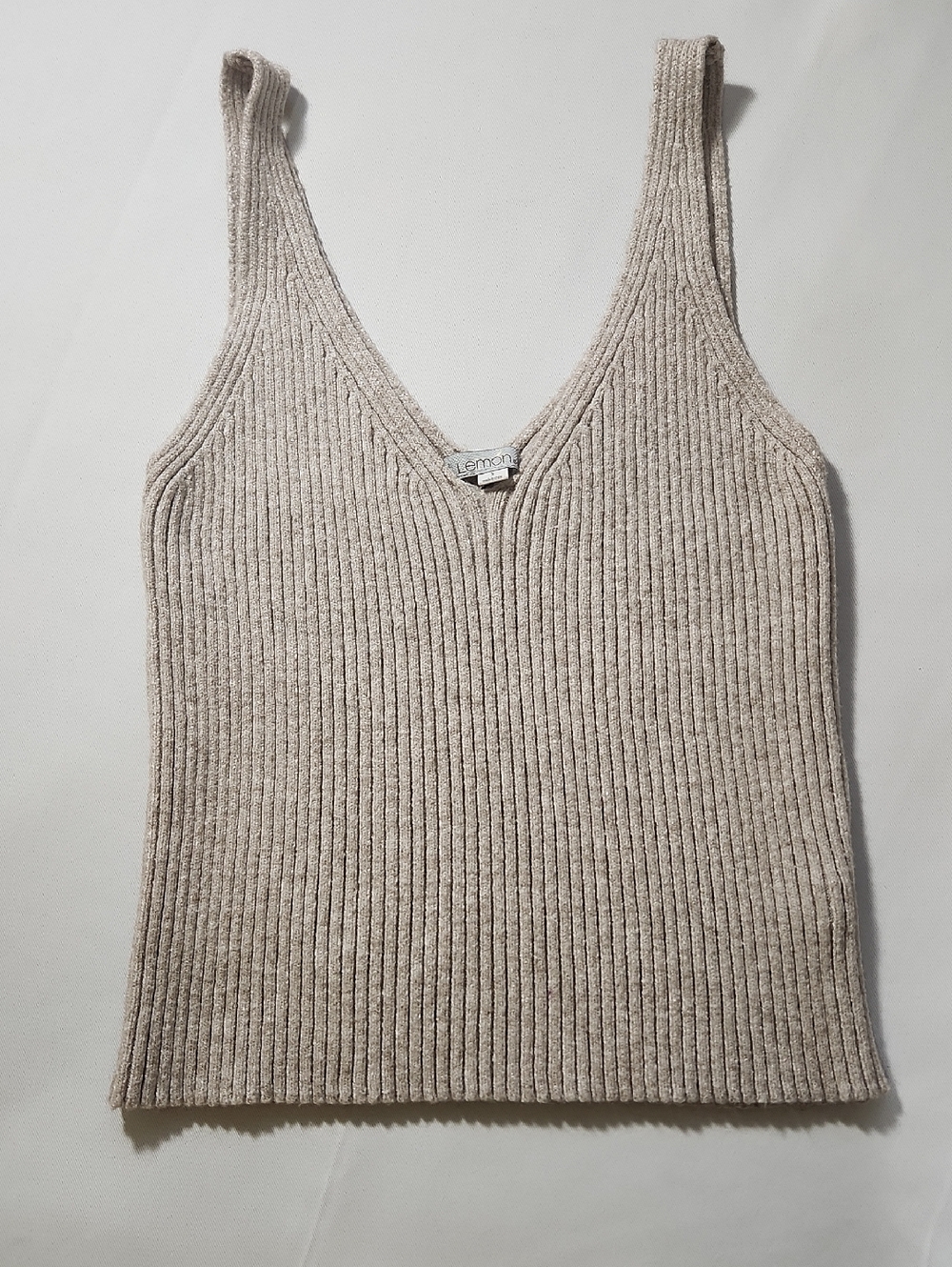 Lemon Ribbed V-Neck Knit Tank in Light Beige